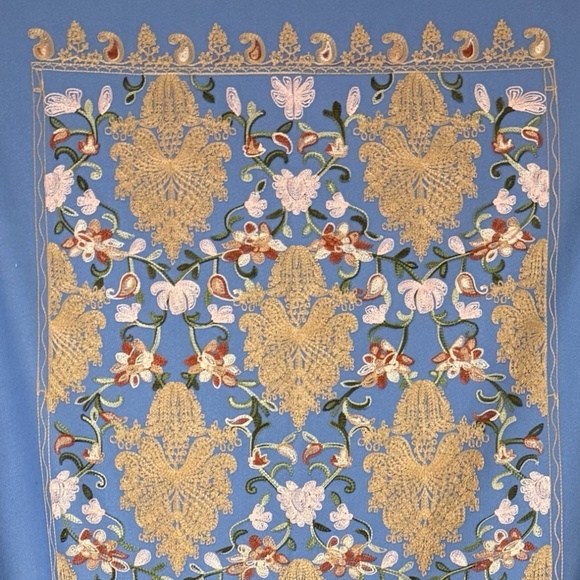 Blue Embroidered Wool Blend Scarf Made in Nepal – Floral Golden Tapestry Wrap - Picture 5 of 9